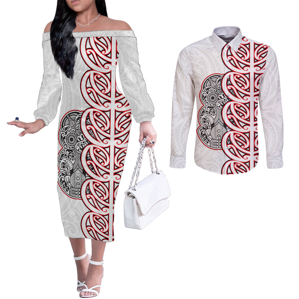 Aotearoa New Zealand Couples Matching Off The Shoulder Long Sleeve Dress and Long Sleeve Button Shirt Maori Marae Pattern Tiki LT05 White - Polynesian Pride