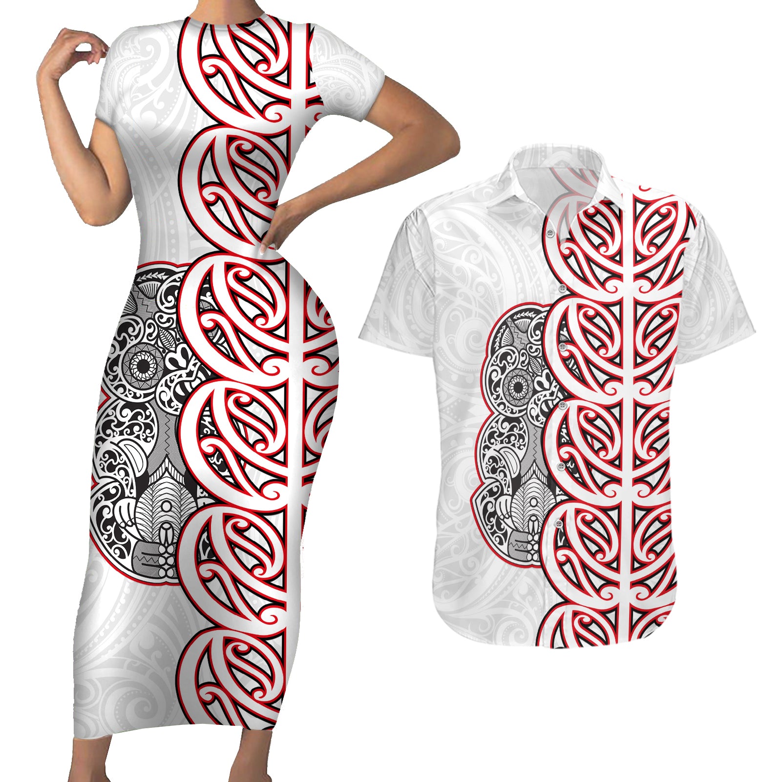 Aotearoa New Zealand Couples Matching Short Sleeve Bodycon Dress and Hawaiian Shirt Maori Marae Pattern Tiki LT05 White - Polynesian Pride