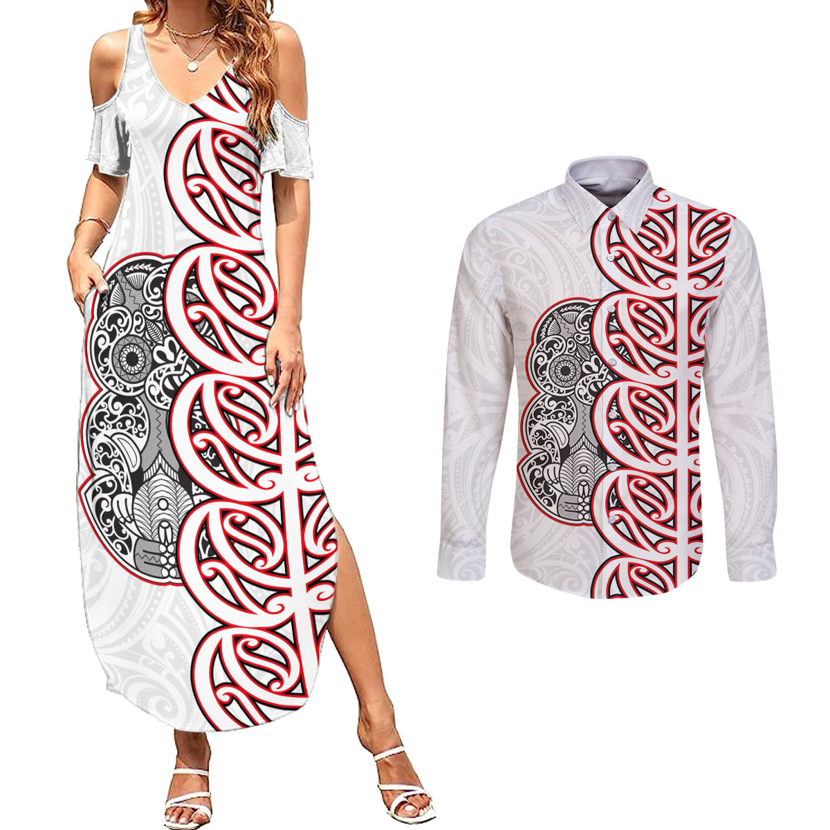 Aotearoa New Zealand Couples Matching Summer Maxi Dress and Long Sleeve Button Shirt Maori Marae Pattern Tiki LT05 White - Polynesian Pride