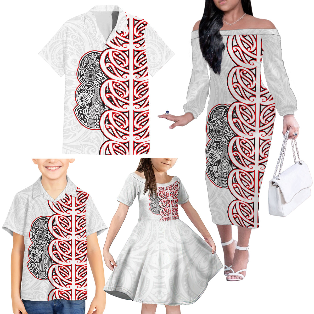 Aotearoa New Zealand Family Matching Off Shoulder Long Sleeve Dress and Hawaiian Shirt Maori Marae Pattern Tiki LT05 - Polynesian Pride