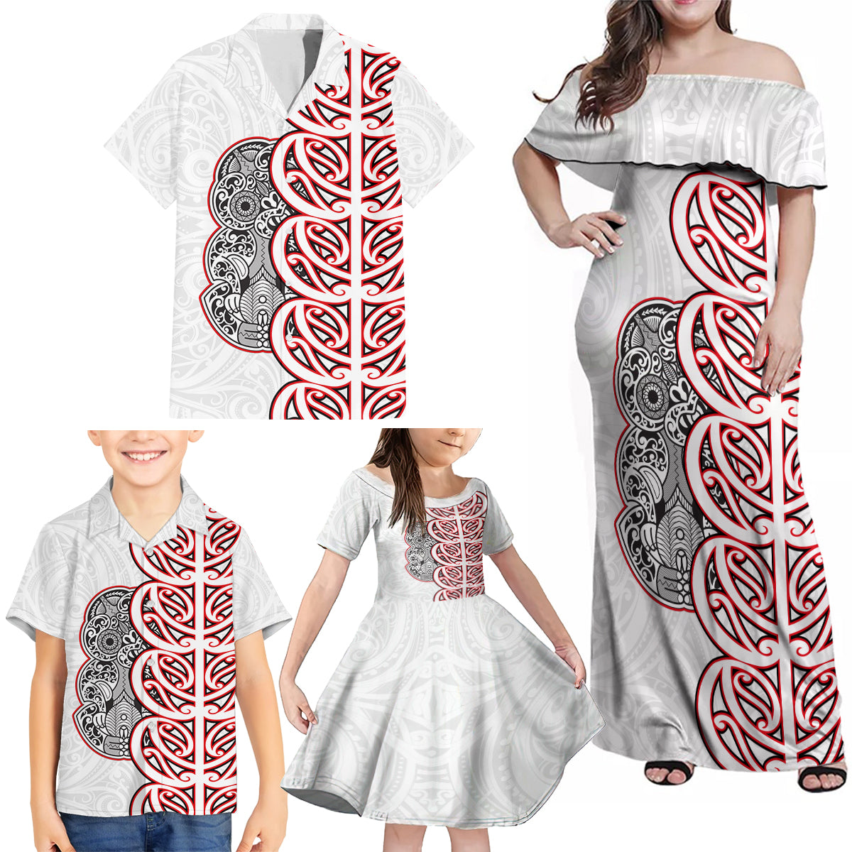 Aotearoa New Zealand Family Matching Off Shoulder Maxi Dress and Hawaiian Shirt Maori Marae Pattern Tiki LT05 - Polynesian Pride