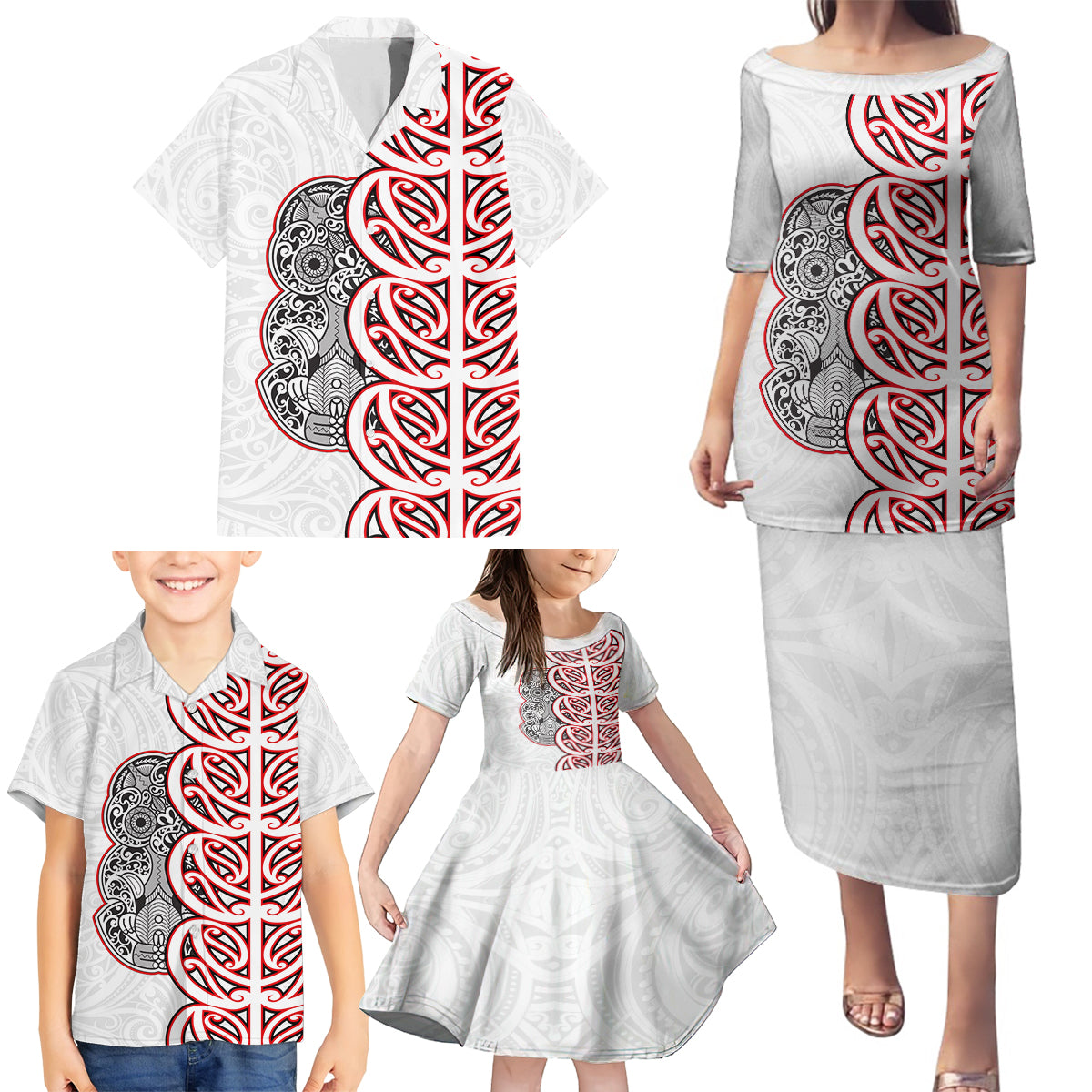 Aotearoa New Zealand Family Matching Puletasi Dress and Hawaiian Shirt Maori Marae Pattern Tiki LT05 - Polynesian Pride