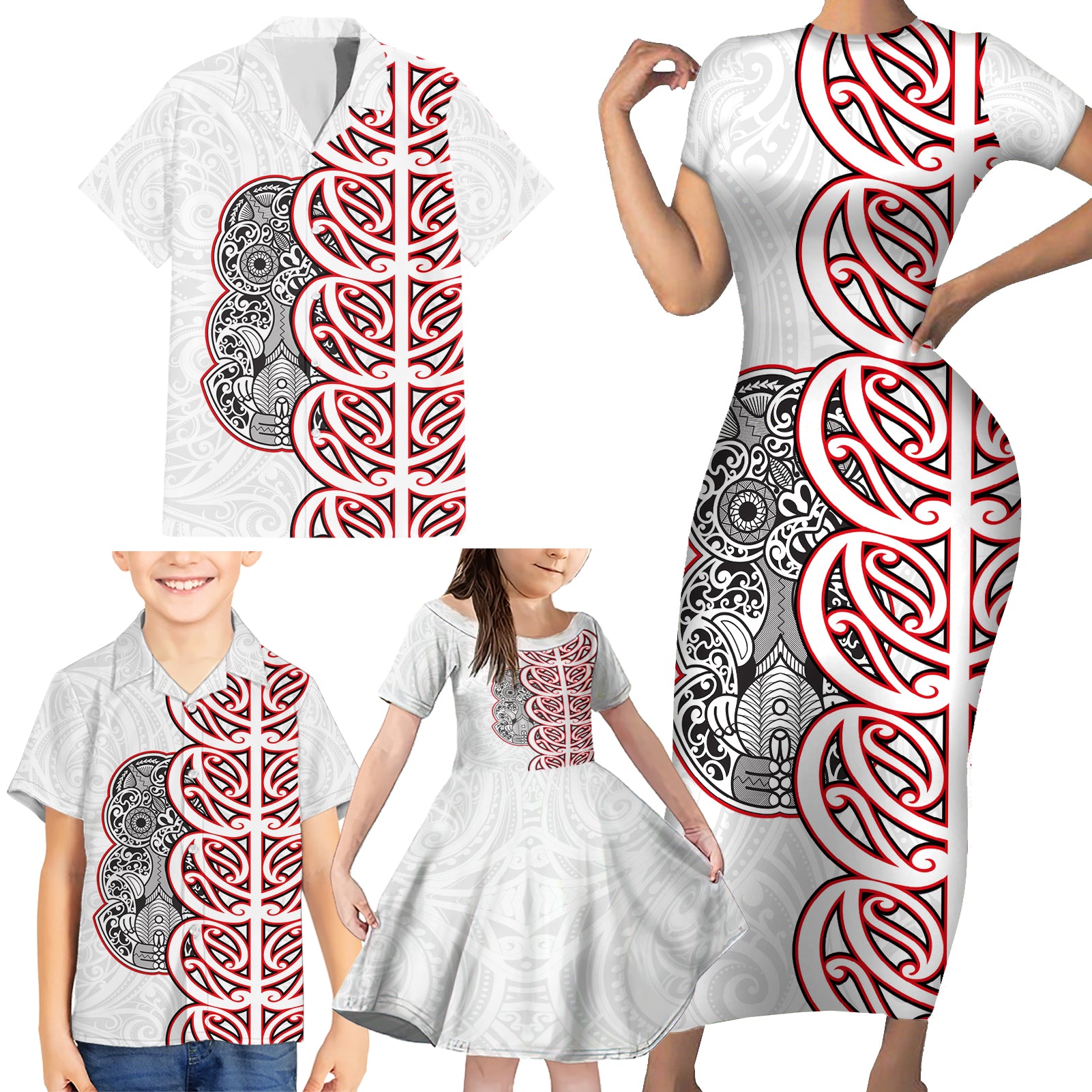 Aotearoa New Zealand Family Matching Short Sleeve Bodycon Dress and Hawaiian Shirt Maori Marae Pattern Tiki LT05 - Polynesian Pride