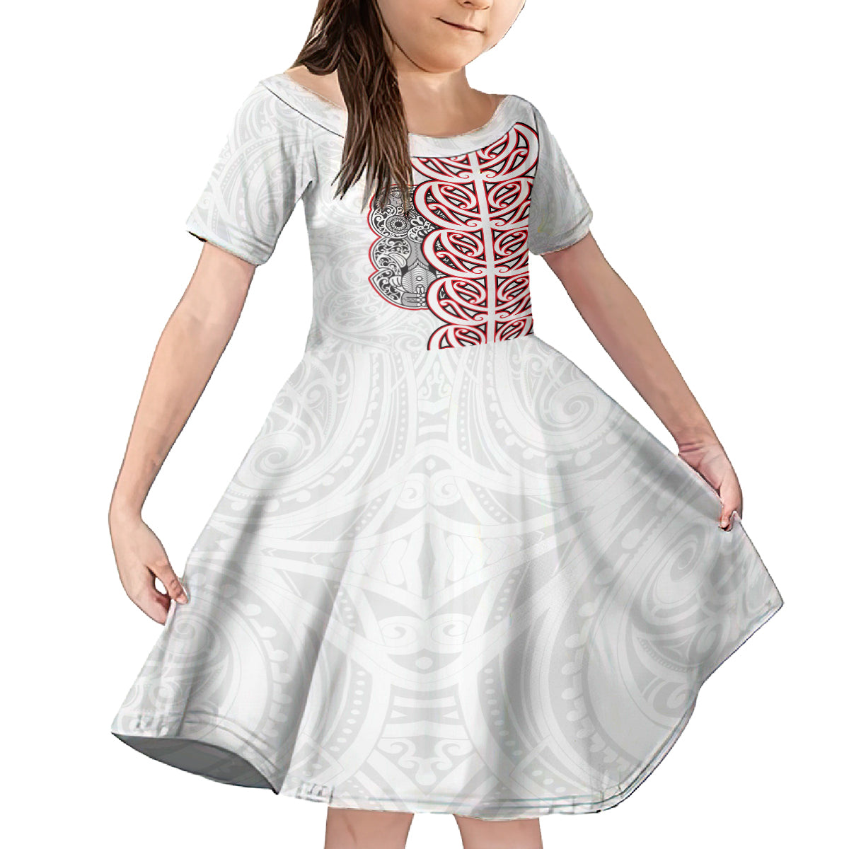 Aotearoa New Zealand Kid Short Sleeve Dress Maori Marae Pattern Tiki LT05 KID White - Polynesian Pride