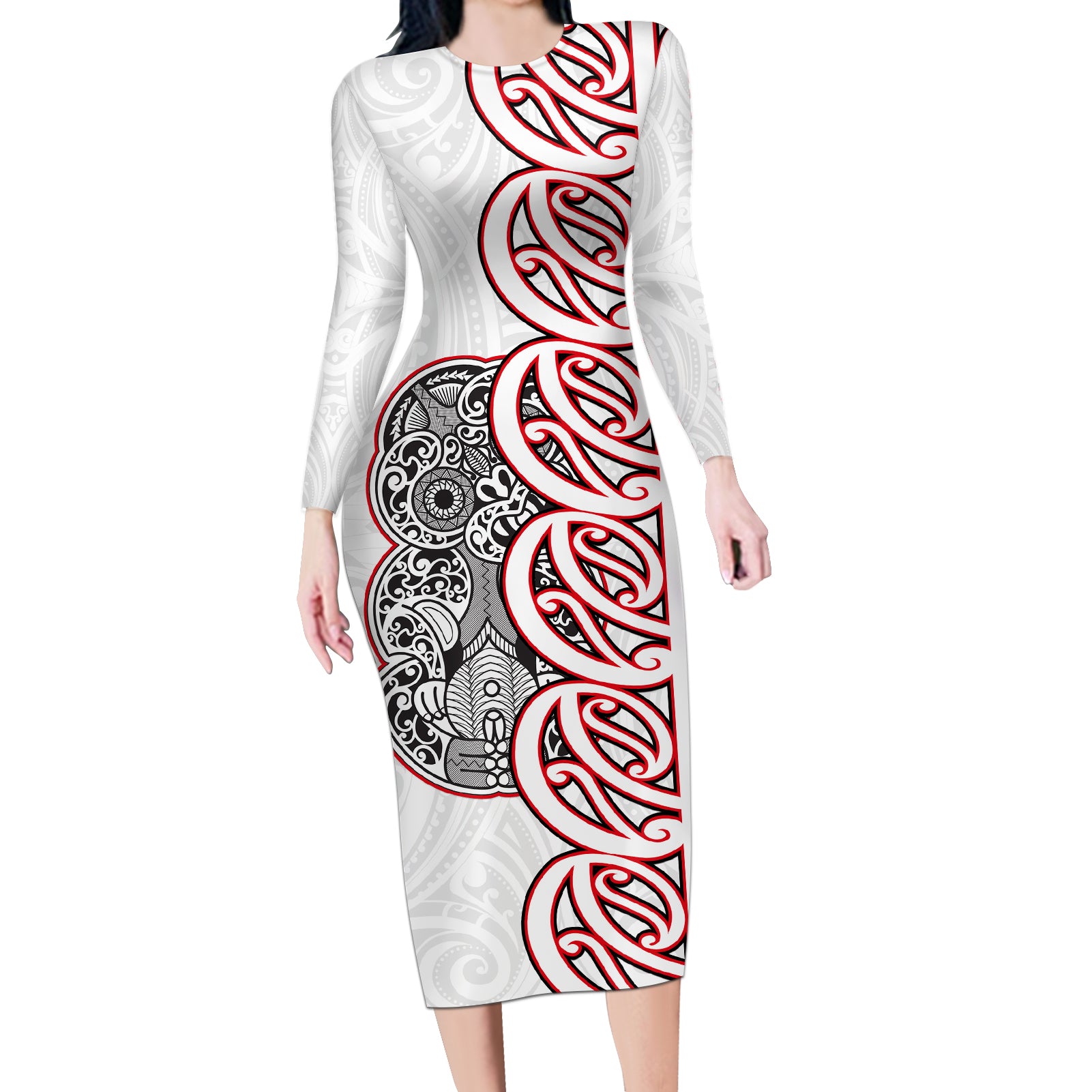 Aotearoa New Zealand Long Sleeve Bodycon Dress Maori Marae Pattern Tiki LT05 Long Dress White - Polynesian Pride