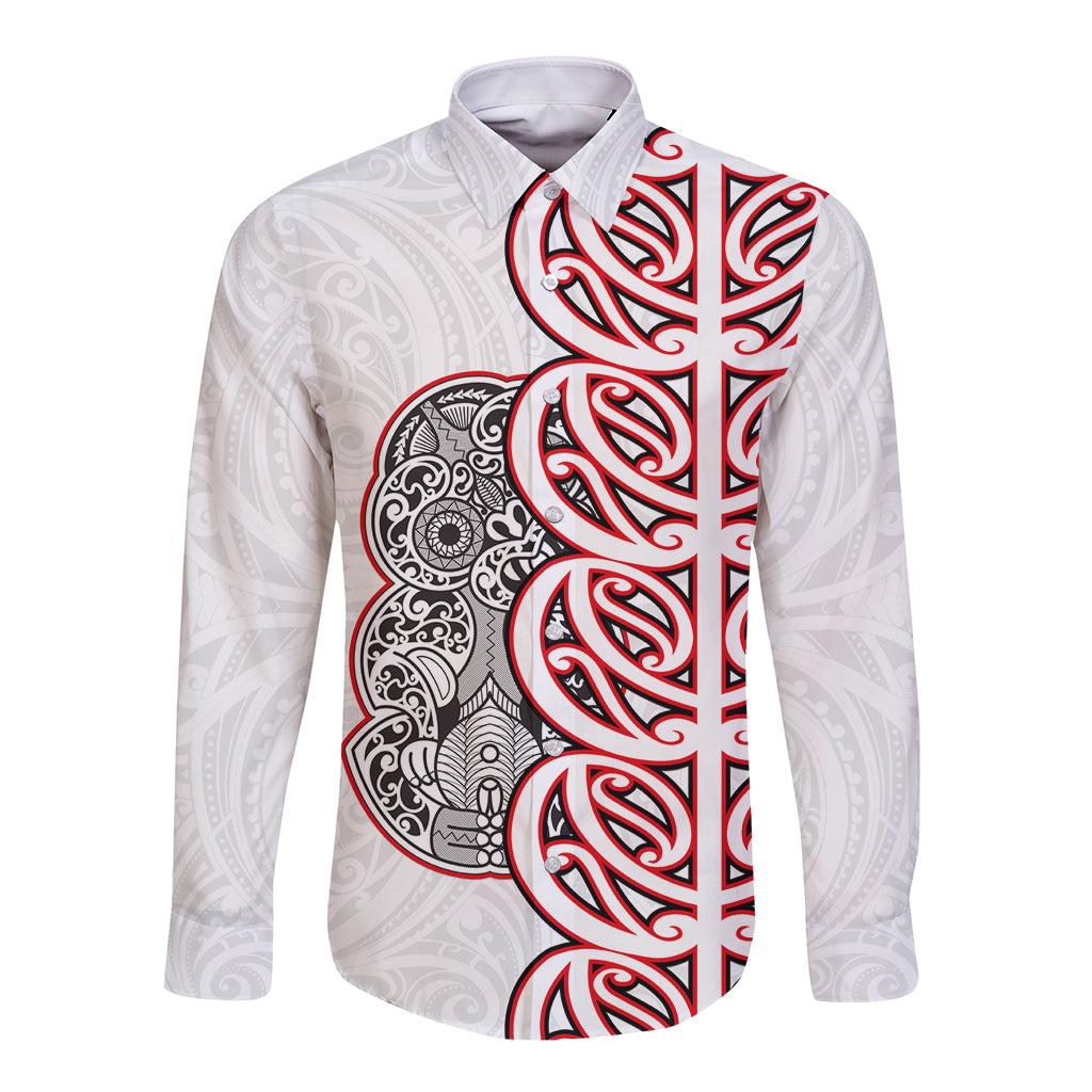 Aotearoa New Zealand Long Sleeve Button Shirt Maori Marae Pattern Tiki LT05 Unisex White - Polynesian Pride