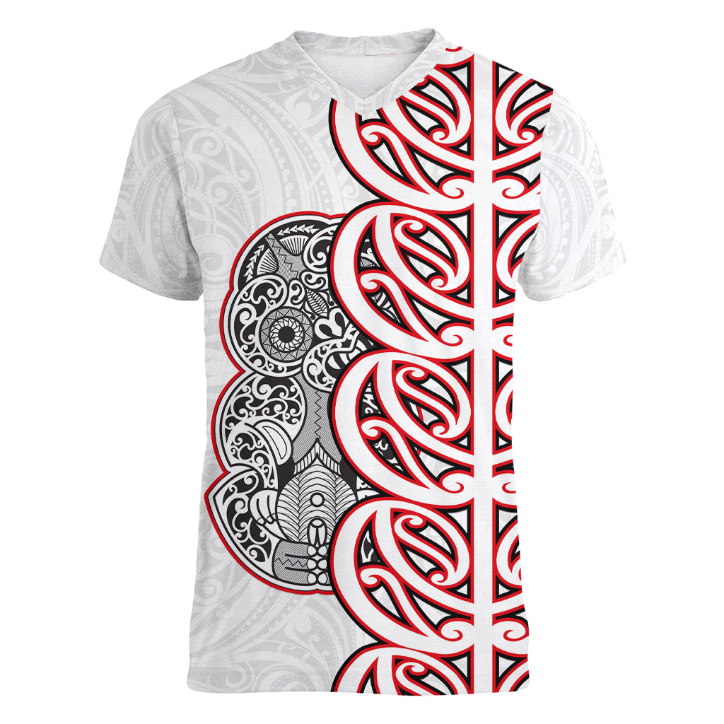 Aotearoa New Zealand Women V Neck T Shirt Maori Marae Pattern Tiki LT05 Female White - Polynesian Pride