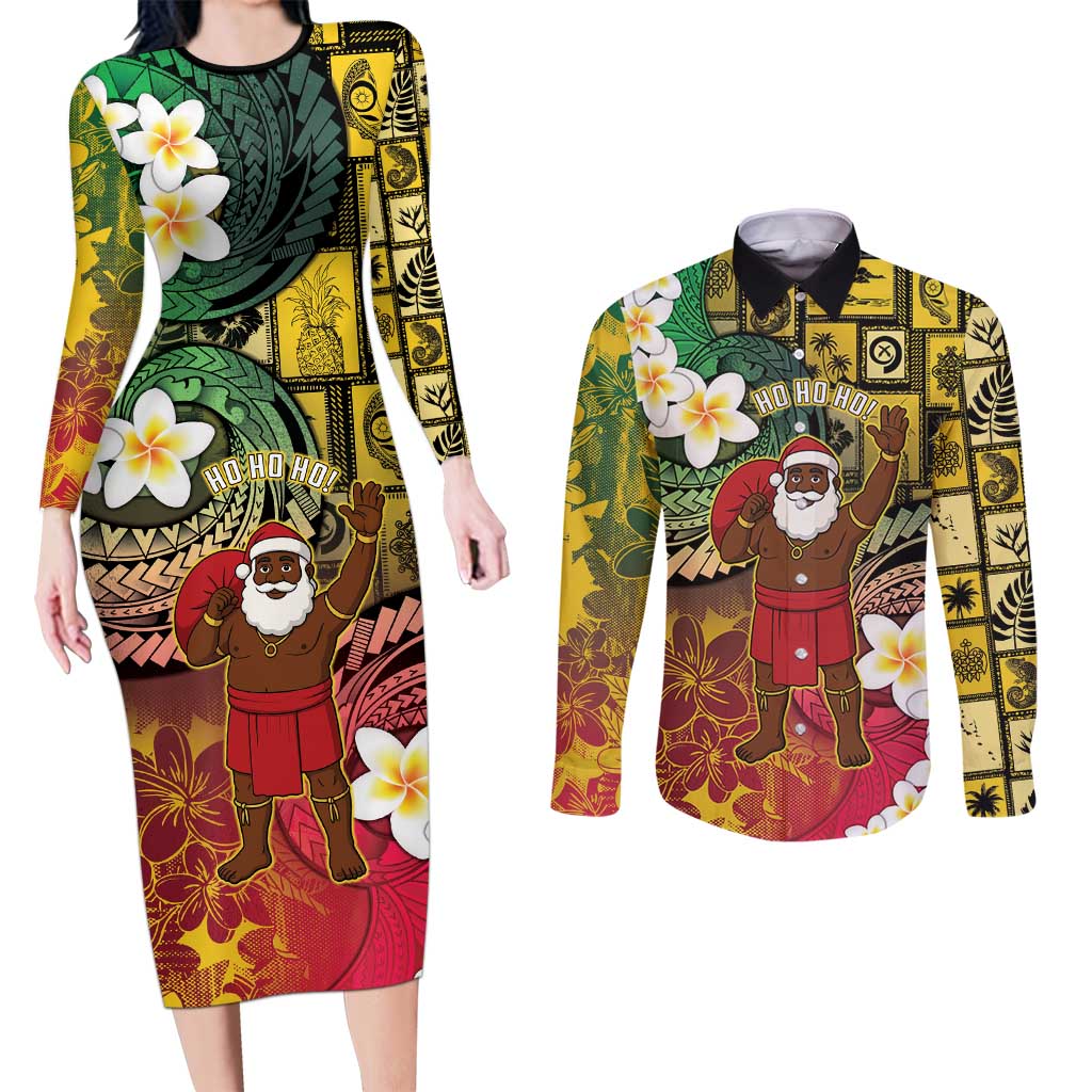 Vanuatu Christmas Couples Matching Long Sleeve Bodycon Dress and Long Sleeve Button Shirt Ni-Van Santa Retro Style - Polynesian Pride