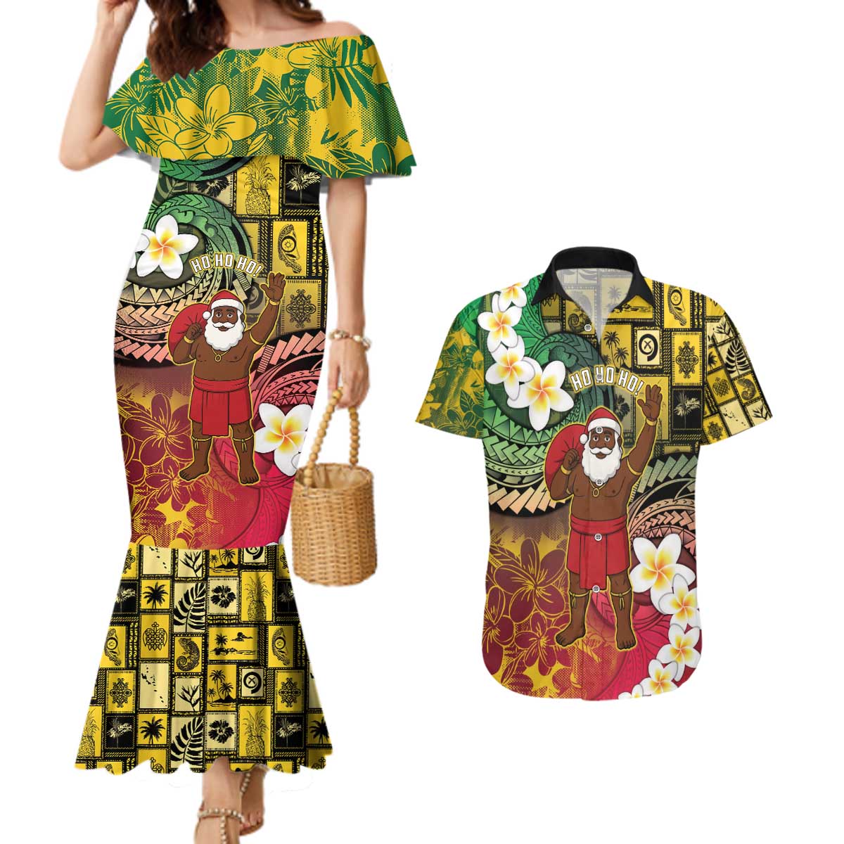 Vanuatu Christmas Couples Matching Mermaid Dress and Hawaiian Shirt Ni-Van Santa Retro Style - Polynesian Pride