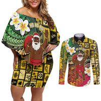 Vanuatu Christmas Couples Matching Off Shoulder Short Dress and Long Sleeve Button Shirt Ni-Van Santa Retro Style - Polynesian Pride