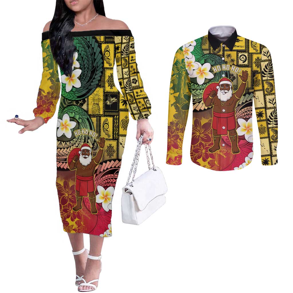 Vanuatu Christmas Couples Matching Off The Shoulder Long Sleeve Dress and Long Sleeve Button Shirt Ni-Van Santa Retro Style - Polynesian Pride