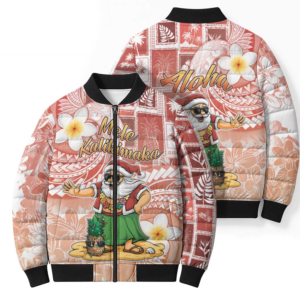 Hawaii Mele Kalikimaka Bomber Puffer Jacket Hula Santa Retro Style Red - Polynesian Pride