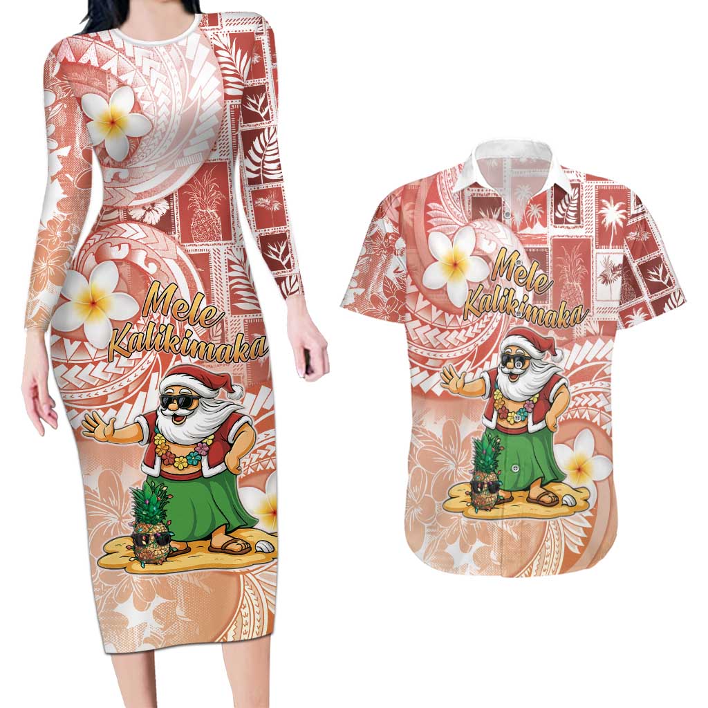 Hawaii Mele Kalikimaka Couples Matching Long Sleeve Bodycon Dress and Hawaiian Shirt Hula Santa Retro Style Red - Polynesian Pride