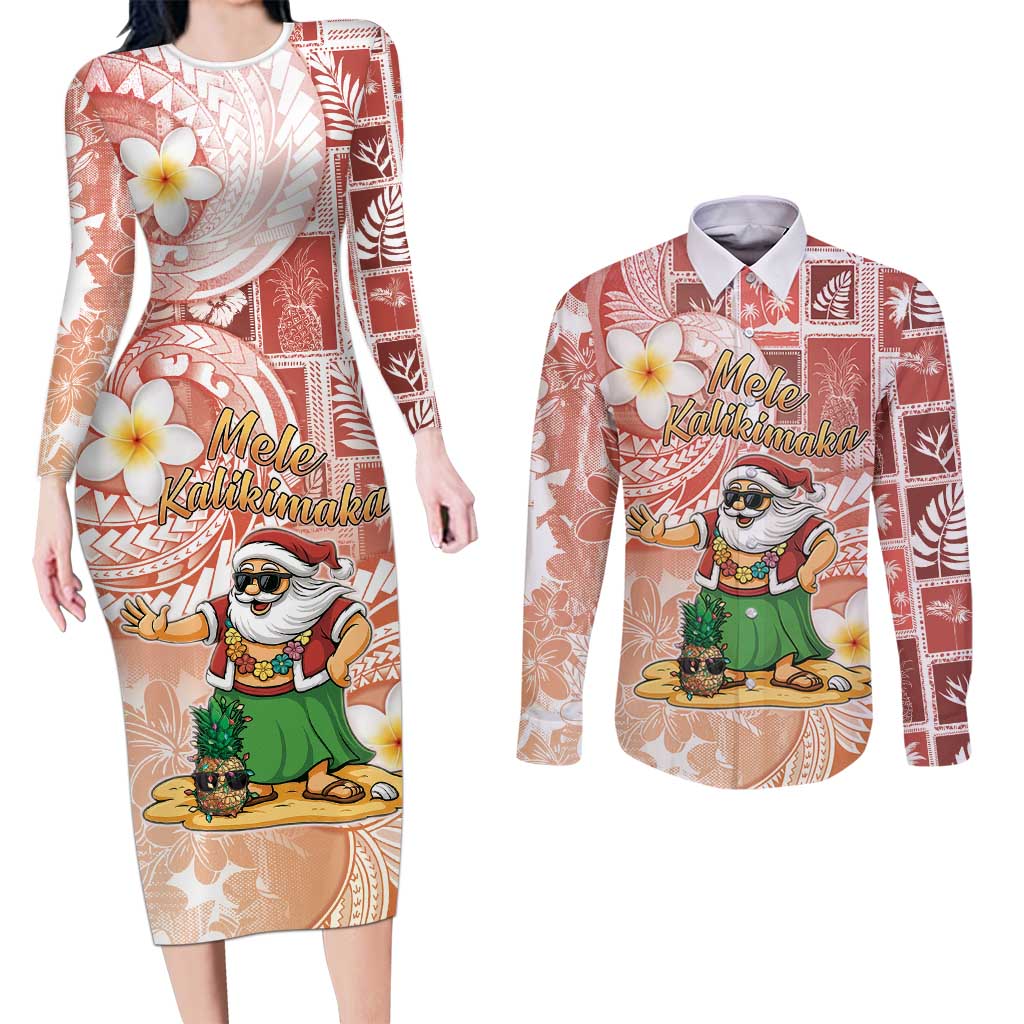 Hawaii Mele Kalikimaka Couples Matching Long Sleeve Bodycon Dress and Long Sleeve Button Shirt Hula Santa Retro Style Red - Polynesian Pride