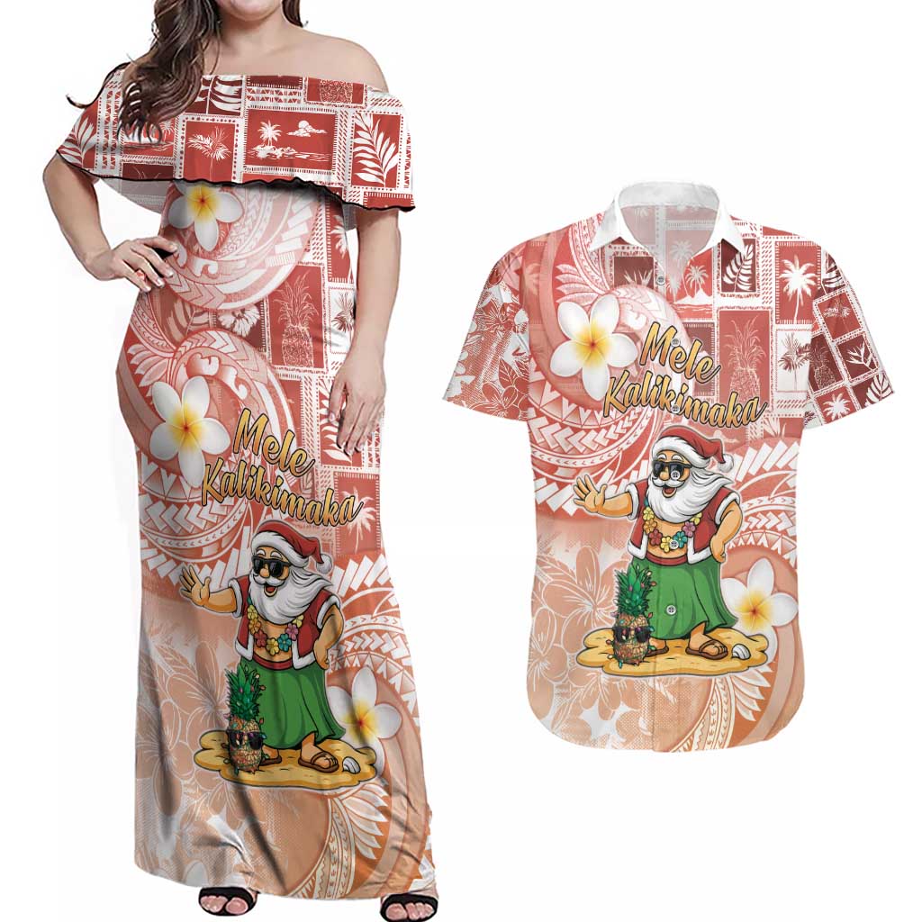 Hawaii Mele Kalikimaka Couples Matching Off Shoulder Maxi Dress and Hawaiian Shirt Hula Santa Retro Style Red - Polynesian Pride