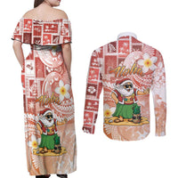 Hawaii Mele Kalikimaka Couples Matching Off Shoulder Maxi Dress and Long Sleeve Button Shirt Hula Santa Retro Style Red - Polynesian Pride