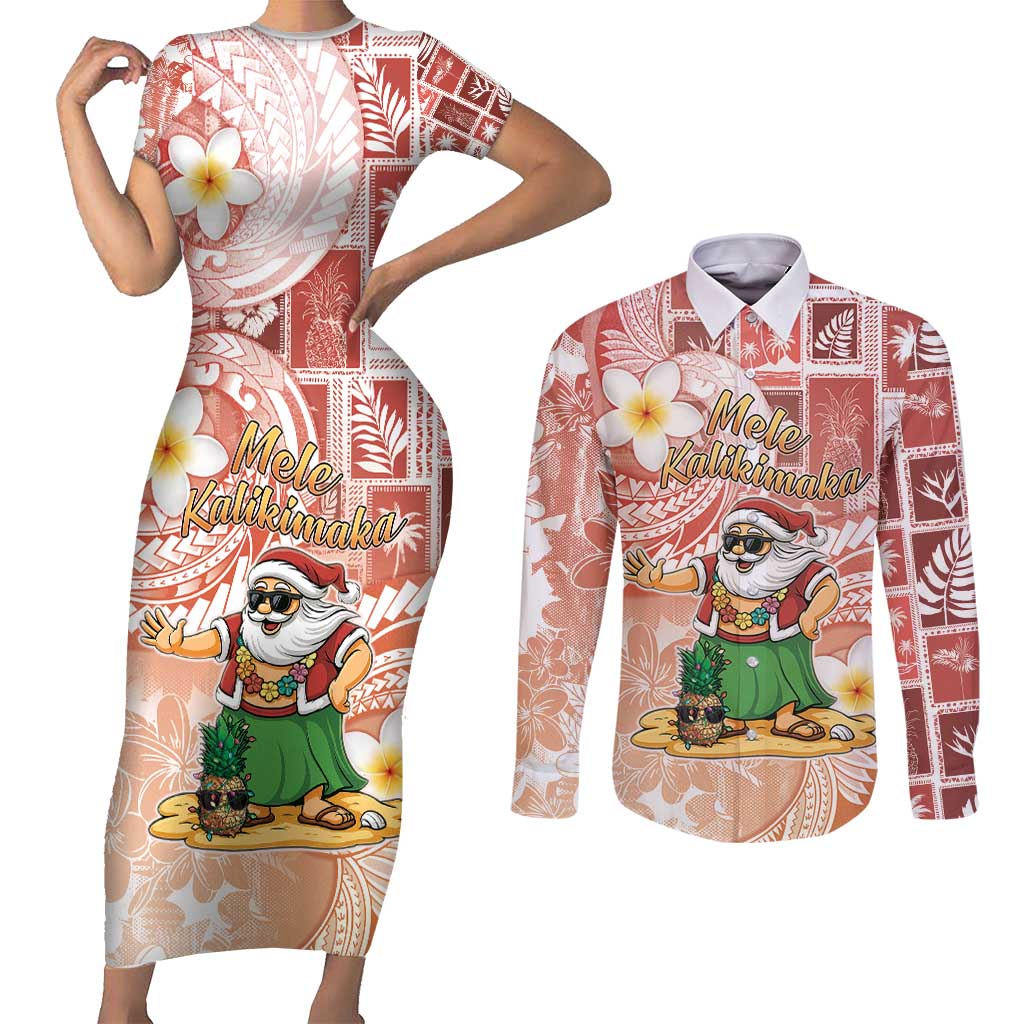 Hawaii Mele Kalikimaka Couples Matching Short Sleeve Bodycon Dress and Long Sleeve Button Shirt Hula Santa Retro Style Red - Polynesian Pride