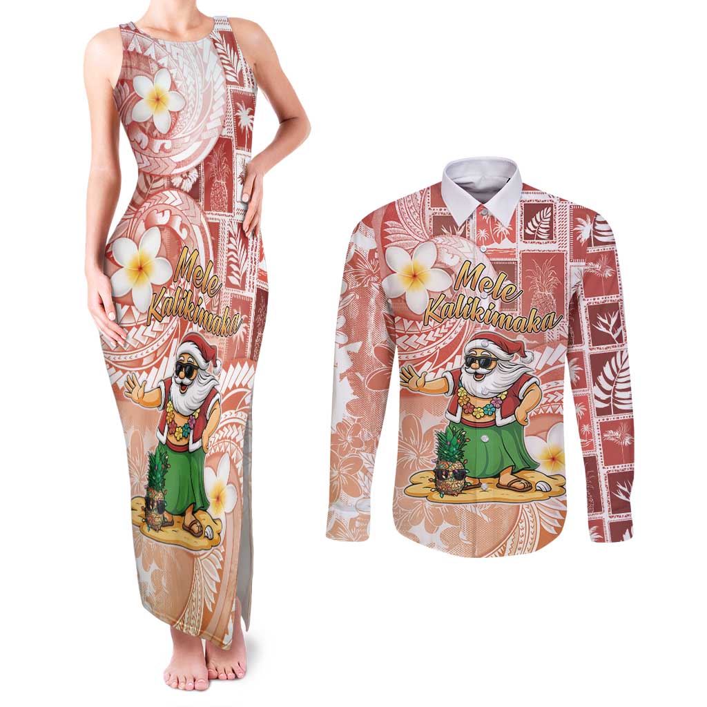 Hawaii Mele Kalikimaka Couples Matching Tank Maxi Dress and Long Sleeve Button Shirt Hula Santa Retro Style Red - Polynesian Pride