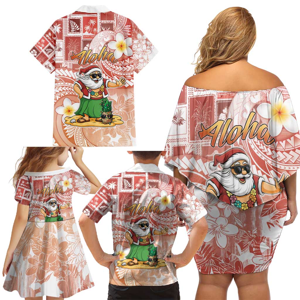 Hawaii Mele Kalikimaka Family Matching Off Shoulder Short Dress and Hawaiian Shirt Hula Santa Retro Style Red - Polynesian Pride