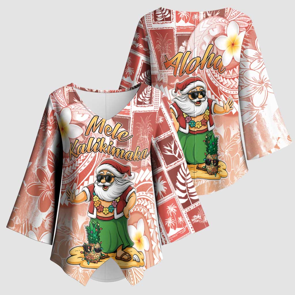 Hawaii Mele Kalikimaka Kimono Sleeve Blouse Hula Santa Retro Style Red - Polynesian Pride