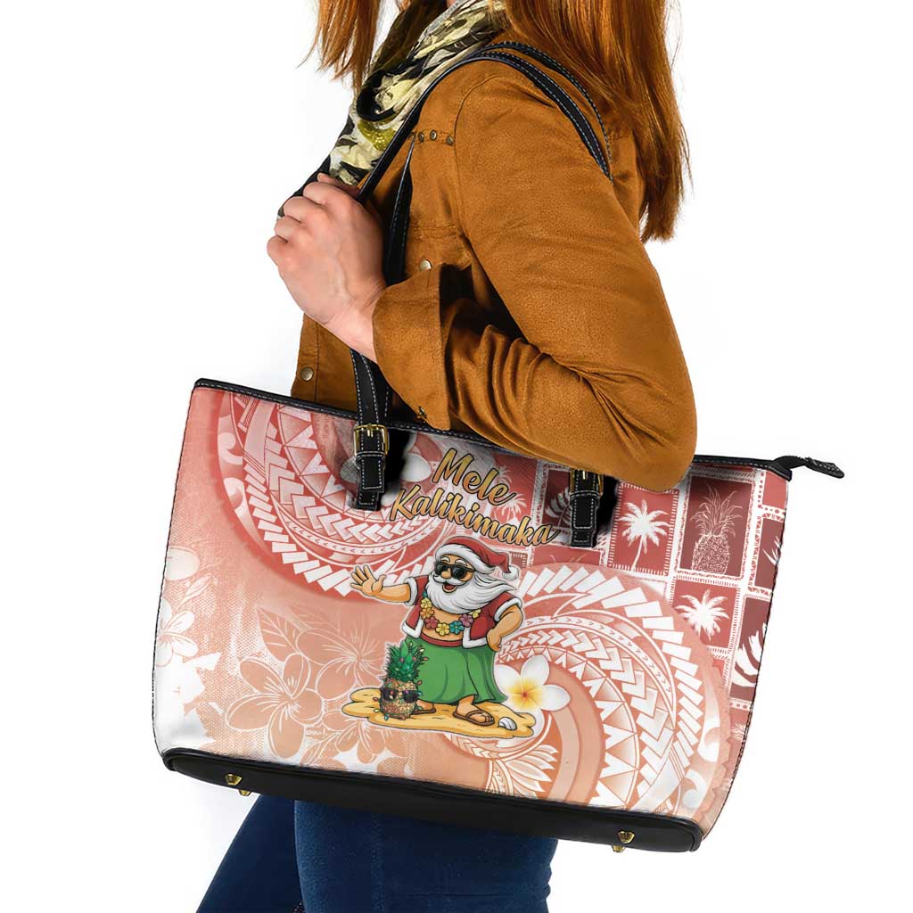 Hawaii Mele Kalikimaka Leather Tote Bag Hula Santa Retro Style Red - Polynesian Pride