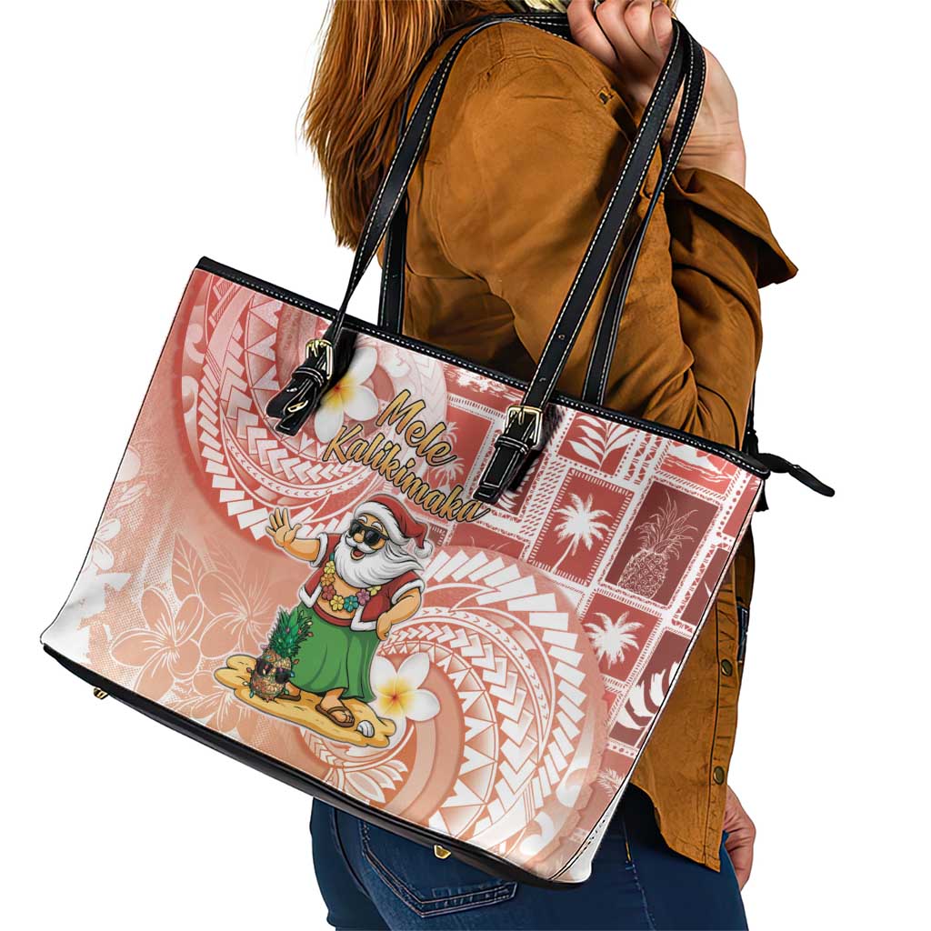 Hawaii Mele Kalikimaka Leather Tote Bag Hula Santa Retro Style Red - Polynesian Pride