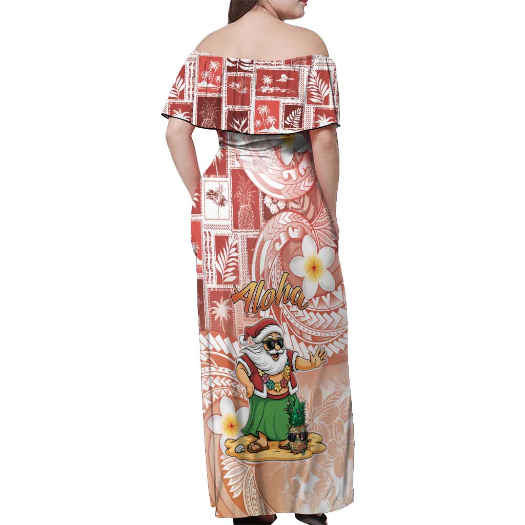 Hawaii Mele Kalikimaka Off Shoulder Maxi Dress Hula Santa Retro Style Red - Polynesian Pride
