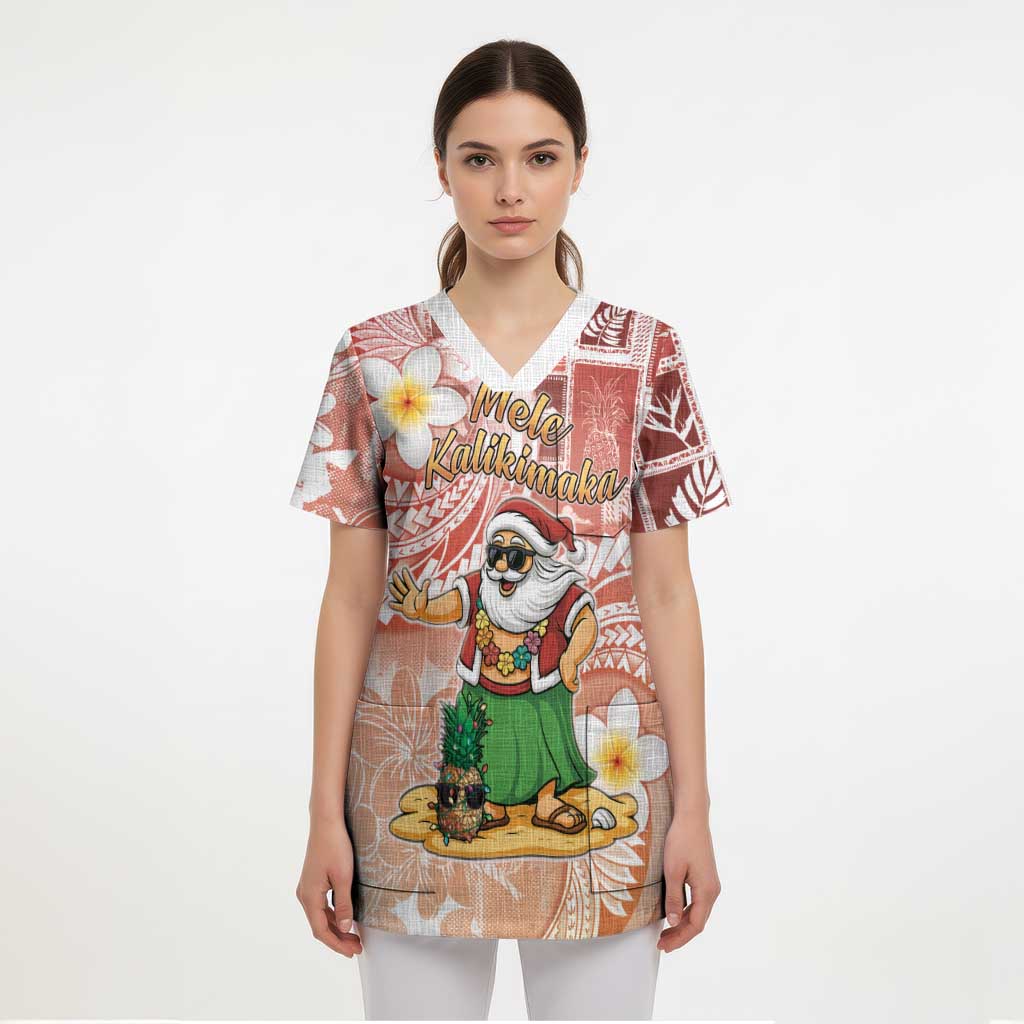 Hawaii Mele Kalikimaka Scrub Top Hula Santa Retro Style Red - Polynesian Pride