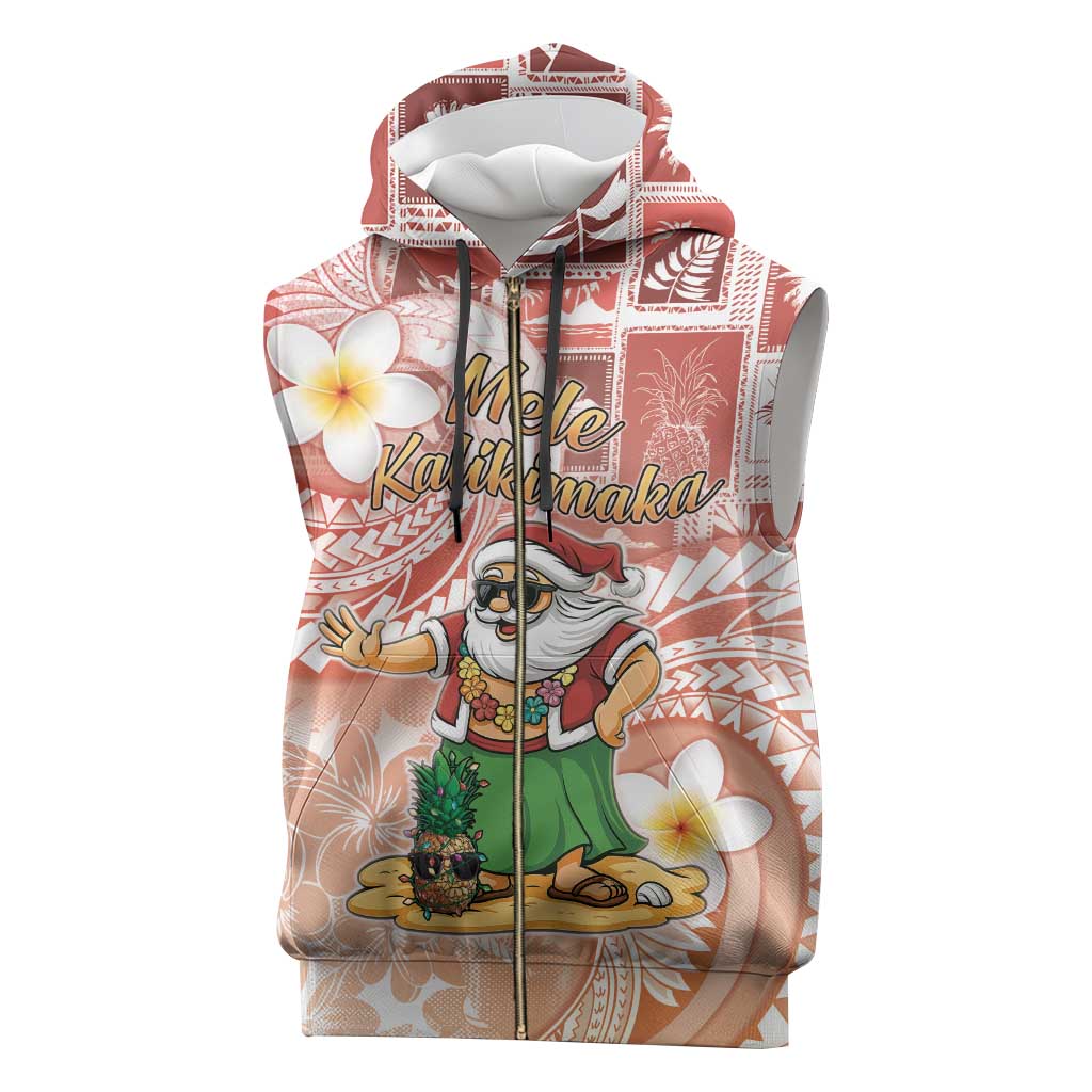 Hawaii Mele Kalikimaka Sleeveless Zip Hoodie Hula Santa Retro Style Red - Polynesian Pride