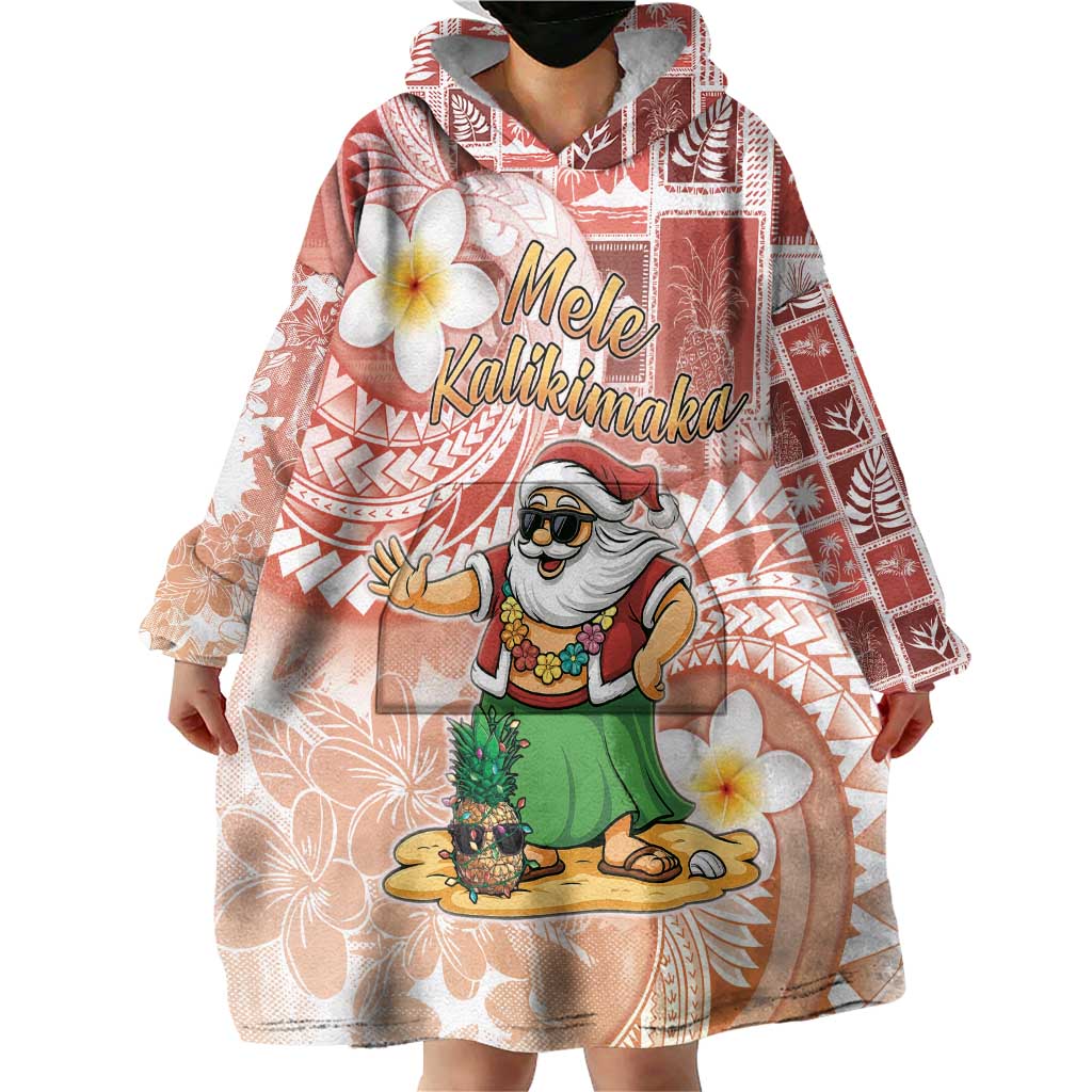 Hawaii Mele Kalikimaka Wearable Blanket Hoodie Hula Santa Retro Style Red - Polynesian Pride