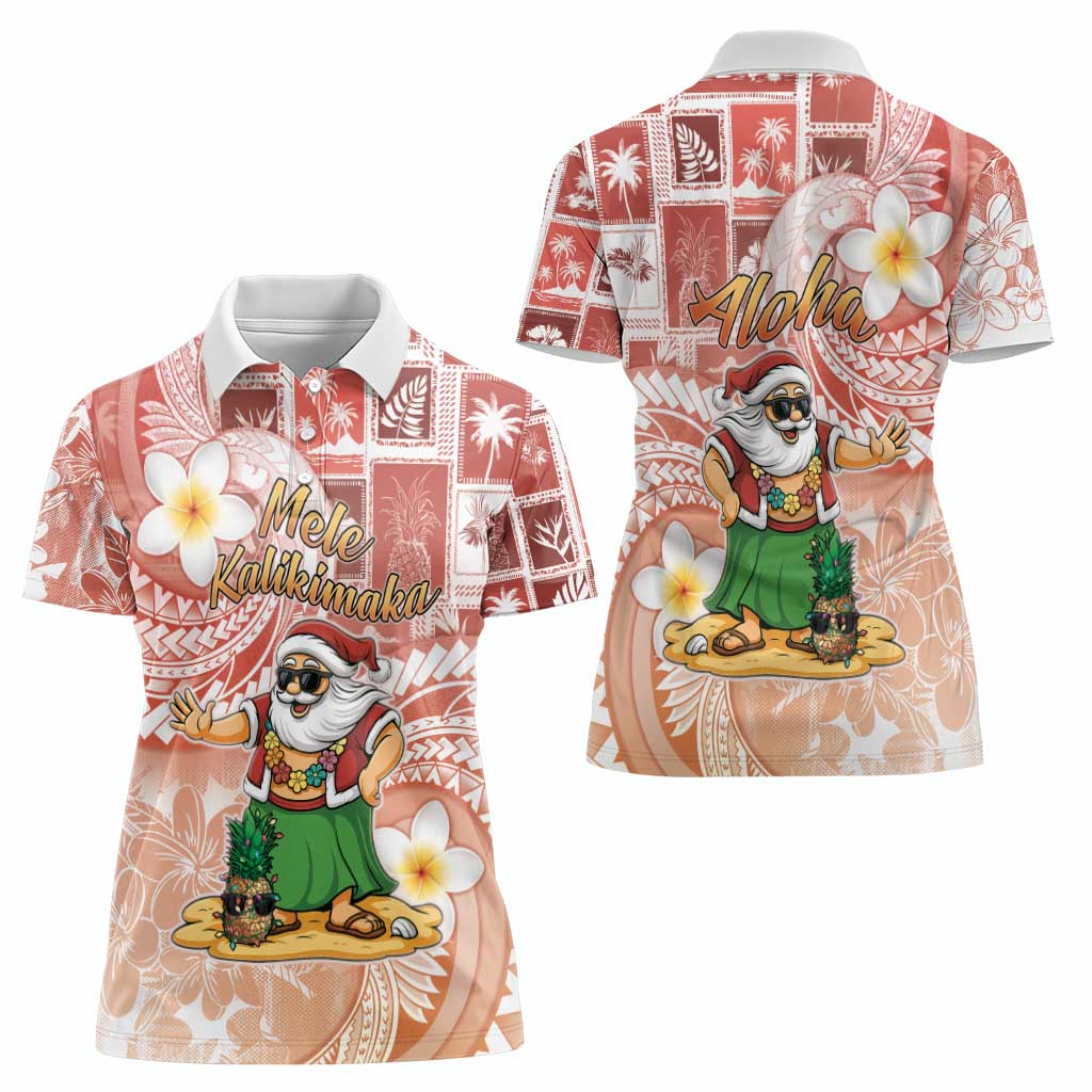 Hawaii Mele Kalikimaka Women Polo Shirt Hula Santa Retro Style Red - Polynesian Pride