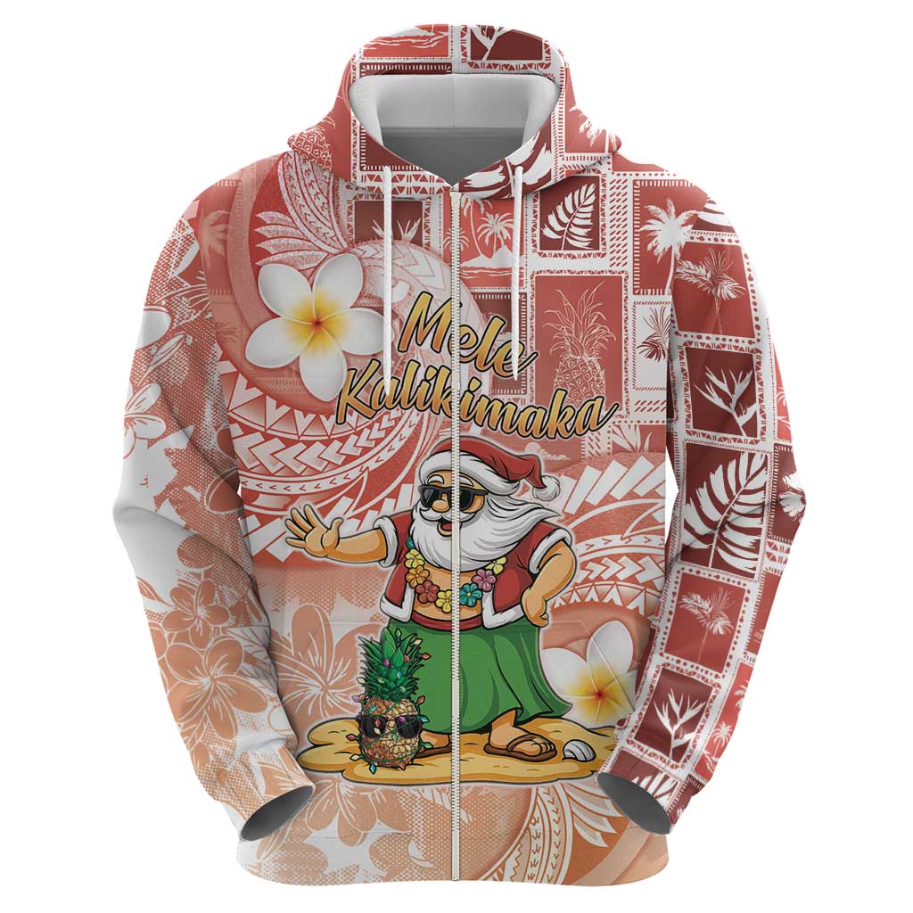 Hawaii Mele Kalikimaka Zip Hoodie Hula Santa Retro Style Red - Polynesian Pride