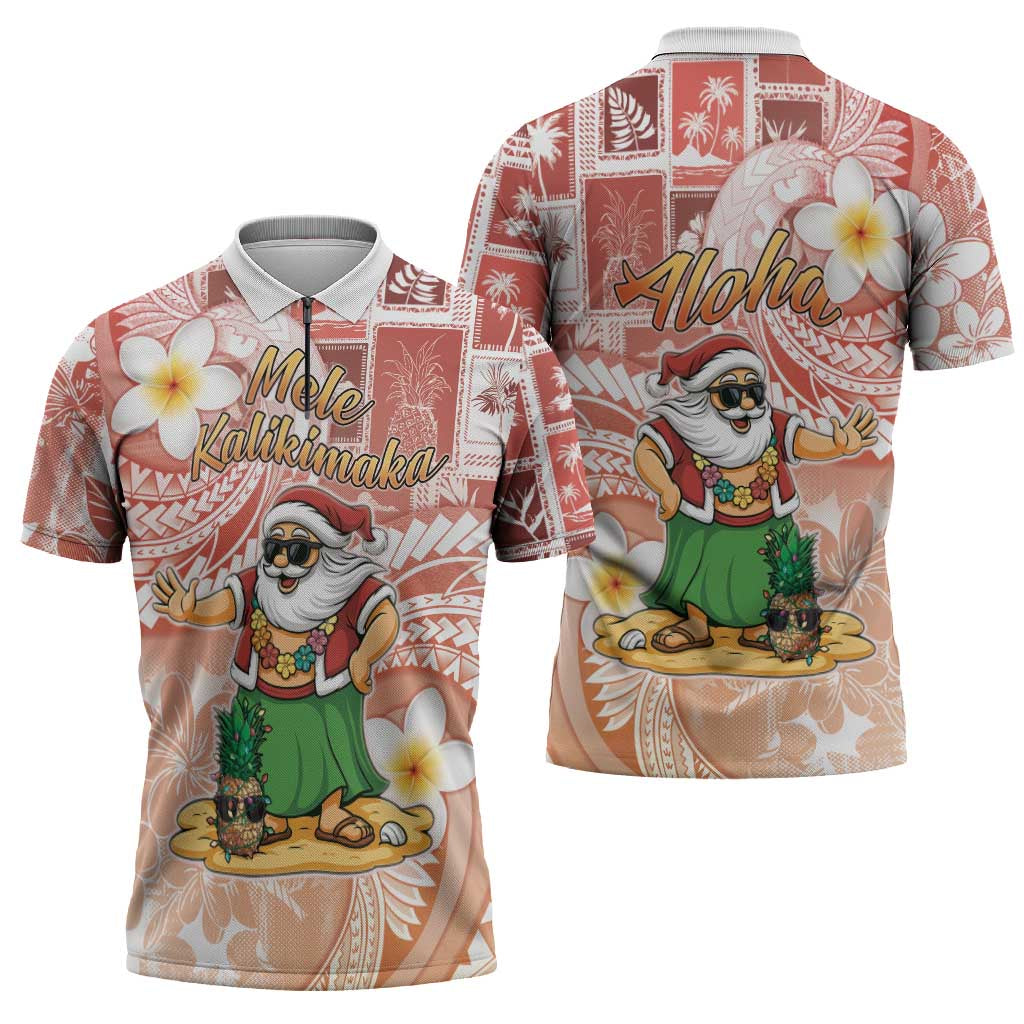 Hawaii Mele Kalikimaka Zipper Polo Shirt Hula Santa Retro Style Red - Polynesian Pride
