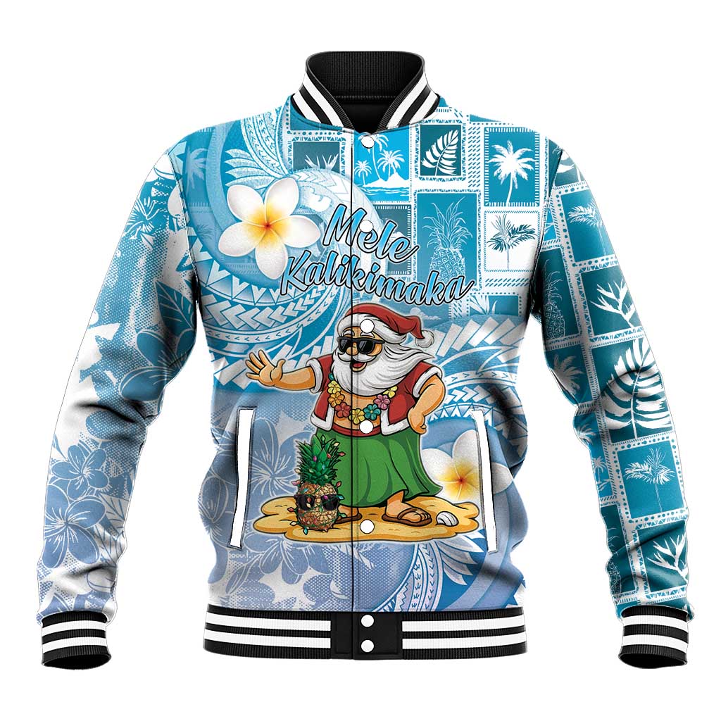 Hawaii Mele Kalikimaka Baseball Jacket Hula Santa Retro Style Blue - Polynesian Pride