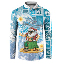 Hawaii Mele Kalikimaka Button Sweatshirt Hula Santa Retro Style Blue - Polynesian Pride