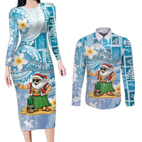 Hawaii Mele Kalikimaka Couples Matching Long Sleeve Bodycon Dress and Long Sleeve Button Shirt Hula Santa Retro Style Blue - Polynesian Pride