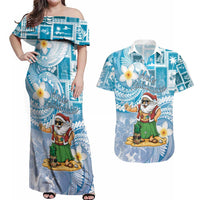 Hawaii Mele Kalikimaka Couples Matching Off Shoulder Maxi Dress and Hawaiian Shirt Hula Santa Retro Style Blue - Polynesian Pride