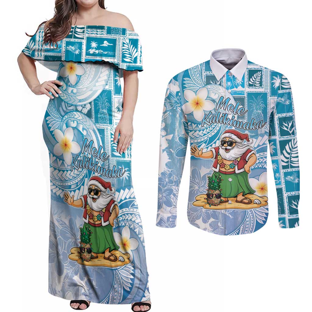 Hawaii Mele Kalikimaka Couples Matching Off Shoulder Maxi Dress and Long Sleeve Button Shirt Hula Santa Retro Style Blue - Polynesian Pride