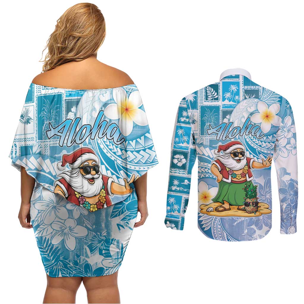 Hawaii Mele Kalikimaka Couples Matching Off Shoulder Short Dress and Long Sleeve Button Shirt Hula Santa Retro Style Blue - Polynesian Pride