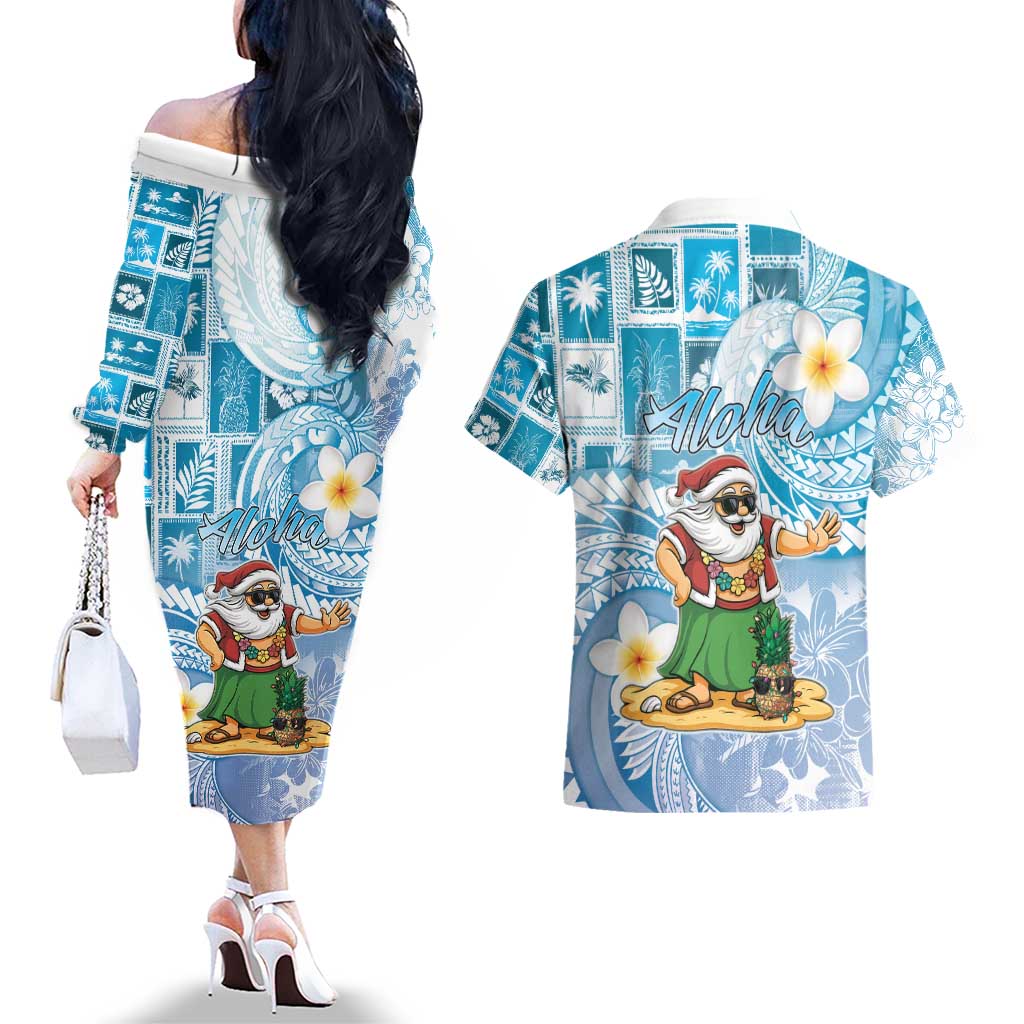 Hawaii Mele Kalikimaka Couples Matching Off The Shoulder Long Sleeve Dress and Hawaiian Shirt Hula Santa Retro Style Blue - Polynesian Pride