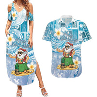 Hawaii Mele Kalikimaka Couples Matching Summer Maxi Dress and Hawaiian Shirt Hula Santa Retro Style Blue - Polynesian Pride