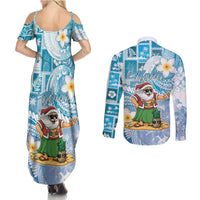 Hawaii Mele Kalikimaka Couples Matching Summer Maxi Dress and Long Sleeve Button Shirt Hula Santa Retro Style Blue - Polynesian Pride