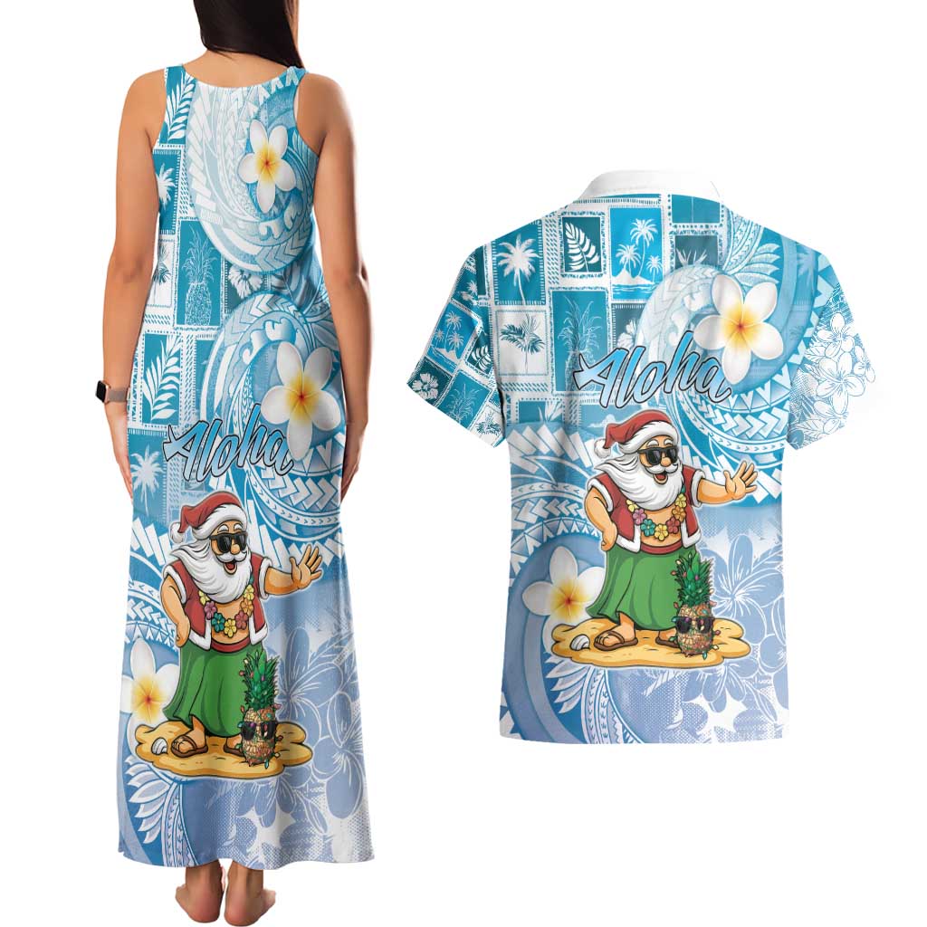 Hawaii Mele Kalikimaka Couples Matching Tank Maxi Dress and Hawaiian Shirt Hula Santa Retro Style Blue - Polynesian Pride