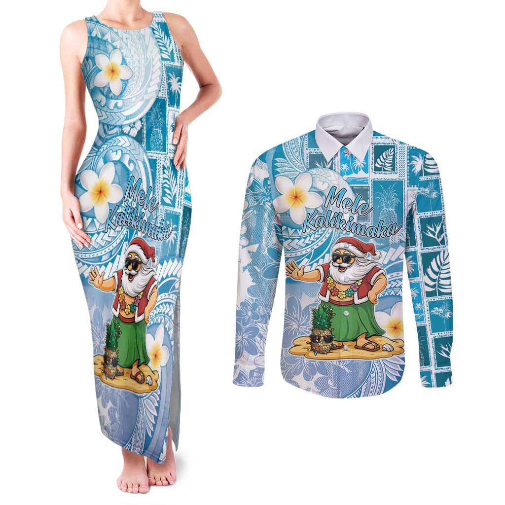 Hawaii Mele Kalikimaka Couples Matching Tank Maxi Dress and Long Sleeve Button Shirt Hula Santa Retro Style Blue - Polynesian Pride