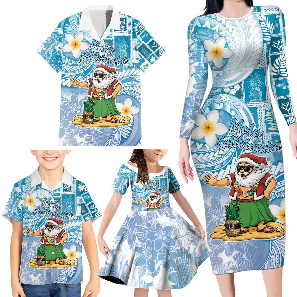 Hawaii Mele Kalikimaka Family Matching Long Sleeve Bodycon Dress and Hawaiian Shirt Hula Santa Retro Style Blue - Polynesian Pride