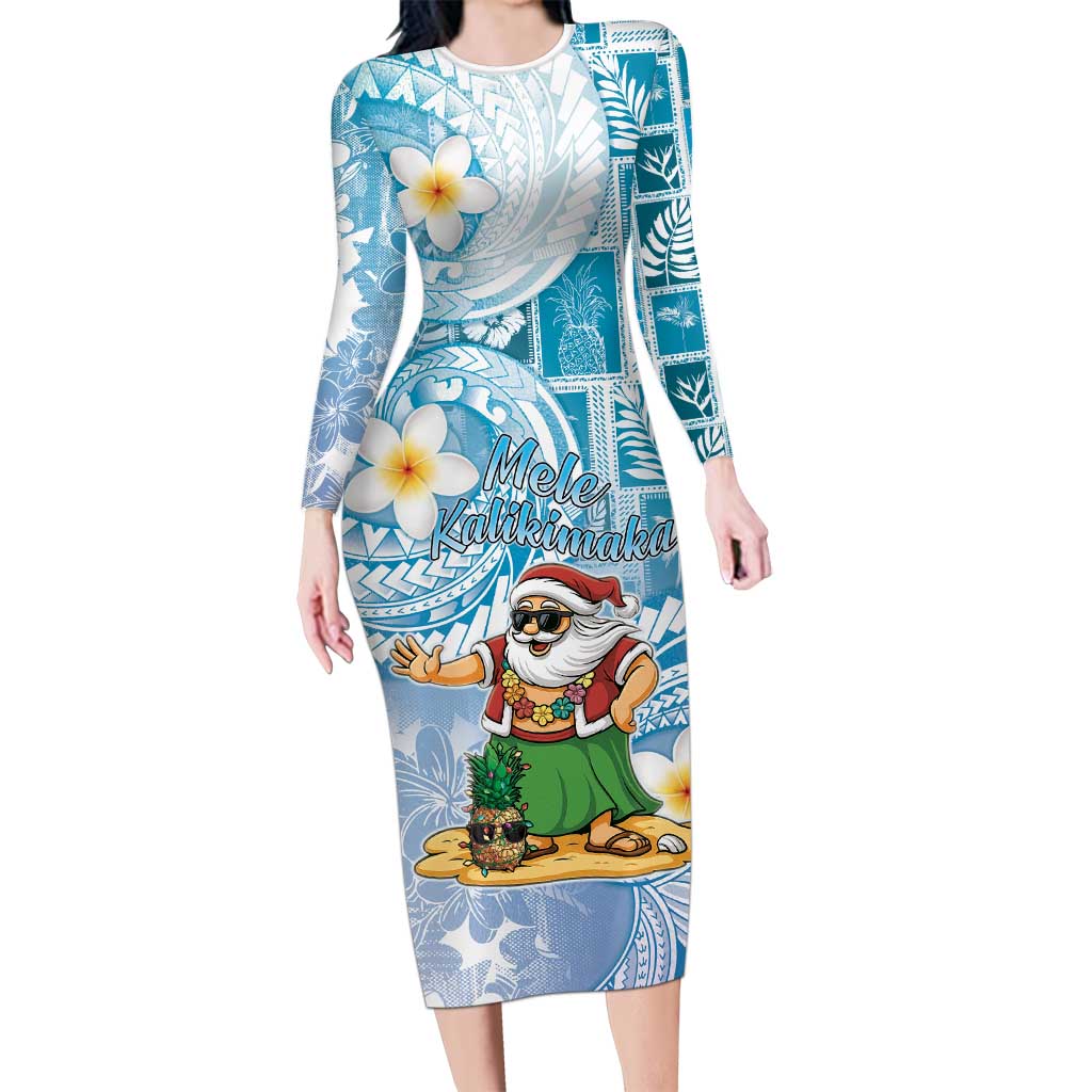 Hawaii Mele Kalikimaka Family Matching Long Sleeve Bodycon Dress and Hawaiian Shirt Hula Santa Retro Style Blue - Polynesian Pride