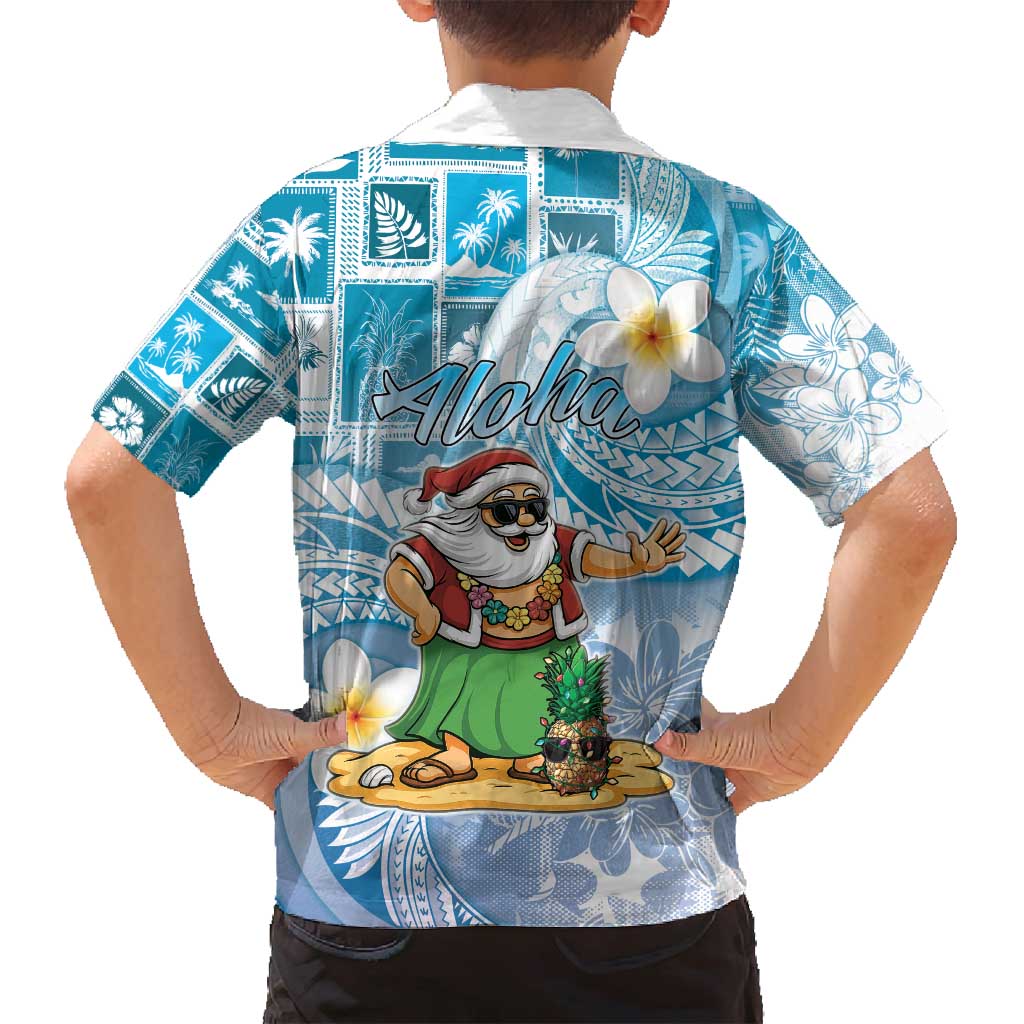 Hawaii Mele Kalikimaka Family Matching Off Shoulder Maxi Dress and Hawaiian Shirt Hula Santa Retro Style Blue - Polynesian Pride