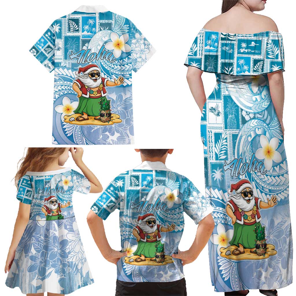 Hawaii Mele Kalikimaka Family Matching Off Shoulder Maxi Dress and Hawaiian Shirt Hula Santa Retro Style Blue - Polynesian Pride