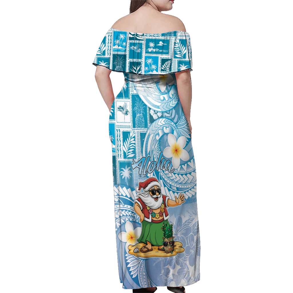 Hawaii Mele Kalikimaka Family Matching Off Shoulder Maxi Dress and Hawaiian Shirt Hula Santa Retro Style Blue - Polynesian Pride