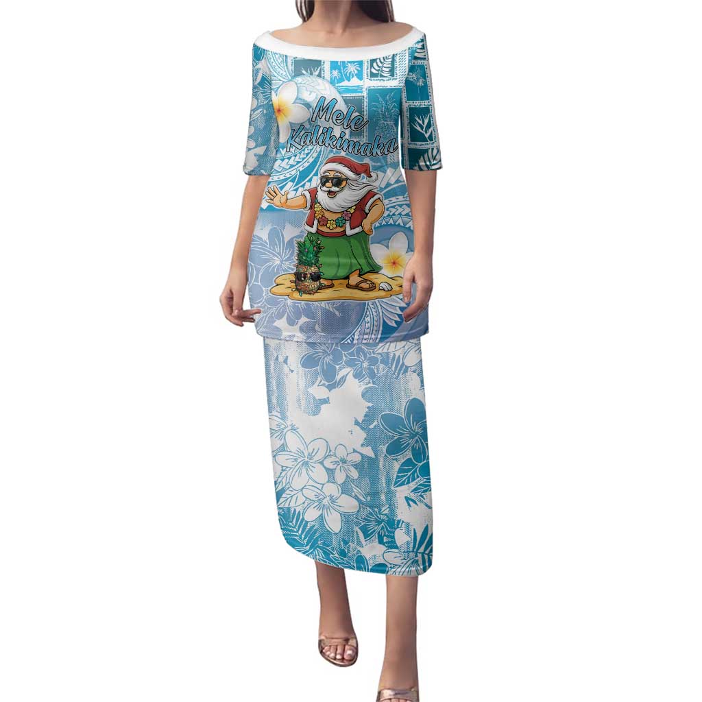 Hawaii Mele Kalikimaka Family Matching Puletasi and Hawaiian Shirt Hula Santa Retro Style Blue - Polynesian Pride